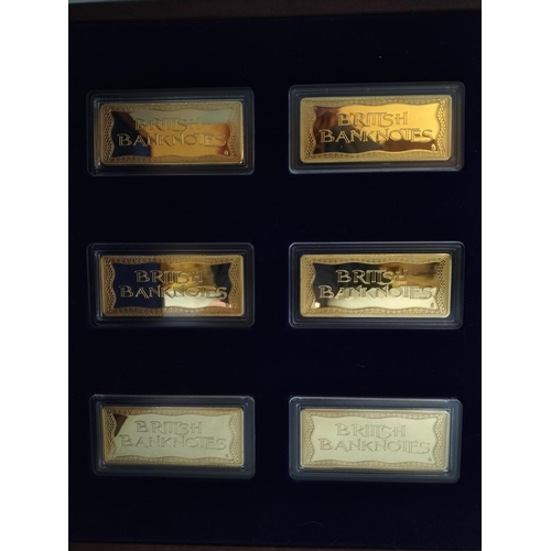 284 - Set of 6 24kt Gold Plated British Bank Note Ingots, £5, £10, £20 and £50 Denominations in Wooden Pre... 