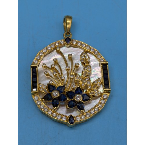 15 - Exquisite 18ct Gold 750 Pendant, Diamond and Sapphire set in the Art Nouveau Style with Mother of Pe... 