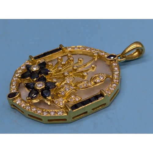 15 - Exquisite 18ct Gold 750 Pendant, Diamond and Sapphire set in the Art Nouveau Style with Mother of Pe... 