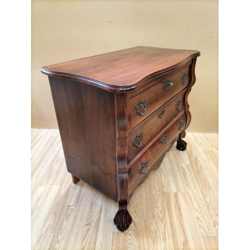 637 - Modern Style Dutch Baroque Mahogany Veneer Bombe Chest of 3 Drawers. 66cm High, 74cm x 41cm. Collect... 
