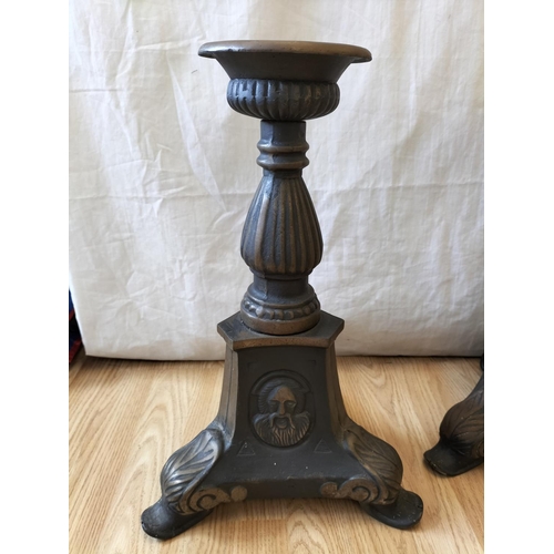 109 - Pair of Large Cast Metal Floor Standing Church Altar Candle Holders. 46cm Tall. Collection Only.