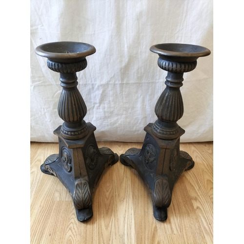 109 - Pair of Large Cast Metal Floor Standing Church Altar Candle Holders. 46cm Tall. Collection Only.