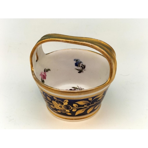 110 - Miniature (5cm h) Flower Basket in Cobalt Blue and Gilt with Floral Sprays. Possibly Early Coalport.