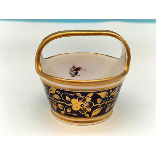 110 - Miniature (5cm h) Flower Basket in Cobalt Blue and Gilt with Floral Sprays. Possibly Early Coalport.