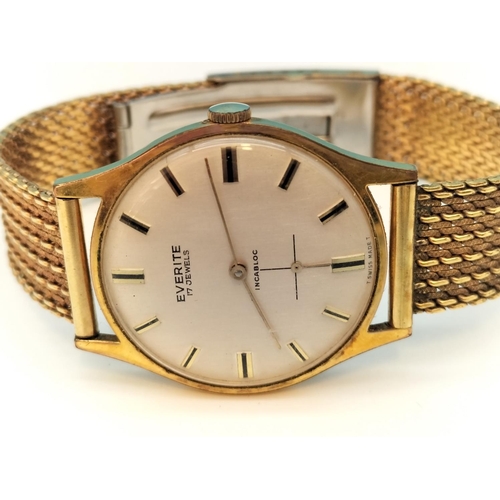 237 - Ultra Slim Everite 17 Jewel Incabloc Wind Up Watch with Gold Coloured Case and Strap. W/O.