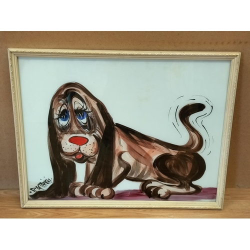 258 - Framed Kitsch Mid Century Beccafictii Signed Reverse Glass Painted Dog Figure (64.5cm x 49cm) plus F... 