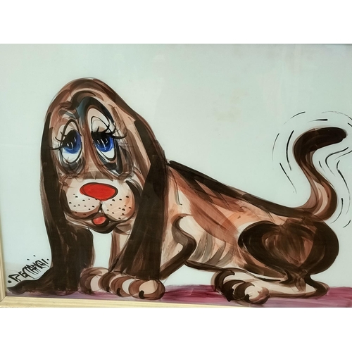 258 - Framed Kitsch Mid Century Beccafictii Signed Reverse Glass Painted Dog Figure (64.5cm x 49cm) plus F... 