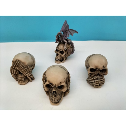 260 - Collection of Mixed Design Skulls to include 'See No, Hear No, Speak No' Skulls. Largest 13cm High, ... 