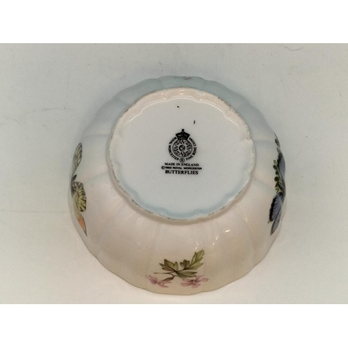 262 - Royal Worcester Fluted Bowl in the 'Butterflies' Pattern. Dated 1982. 4.5cm High, 10.5cm Diameter.