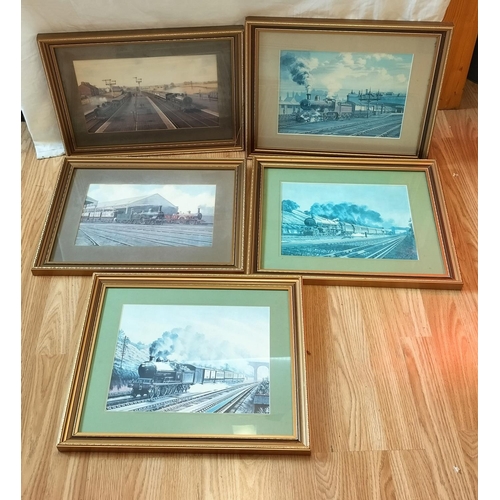 385 - Framed and Mounted Railway Prints (5). 3 Signed George Heiron, 1 Signed Harold Bonn. 45cm x 35cm. Co... 