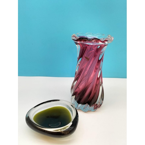 392 - Mid Century Studio Glass Items (2) to include a Josef Hospodka 23cm Vase and Murano Glass Dish.