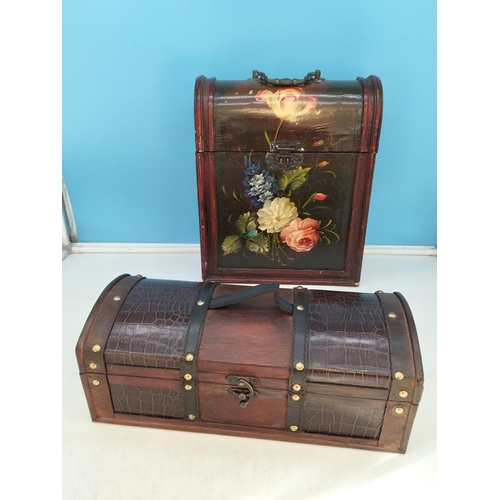 393 - Hand Painted Wooden Wine Carrier plus Wooden Domed Top Carrying Box. Largest 37cm High, 30cm x 13cm.