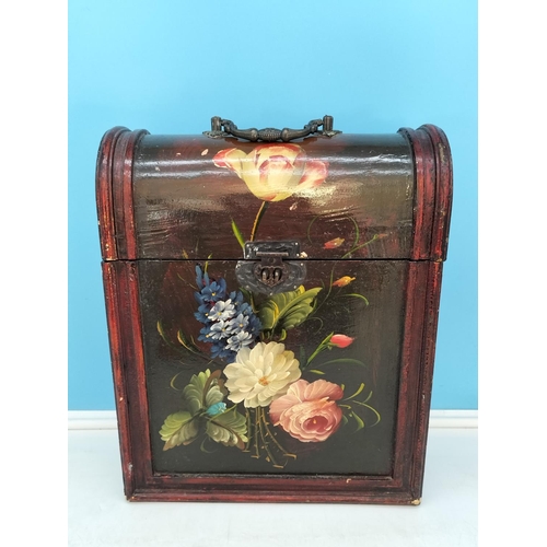 393 - Hand Painted Wooden Wine Carrier plus Wooden Domed Top Carrying Box. Largest 37cm High, 30cm x 13cm.