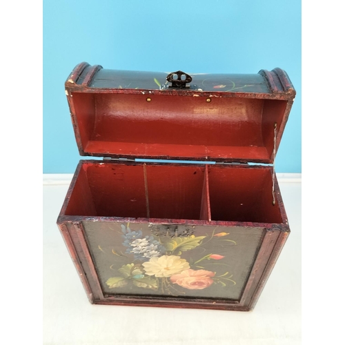 393 - Hand Painted Wooden Wine Carrier plus Wooden Domed Top Carrying Box. Largest 37cm High, 30cm x 13cm.