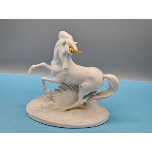 620 - David Cornell Porcelain The Spirit of Romance Unicorn Figure. A/F Horn Re glued.  19cm High x 20cm.