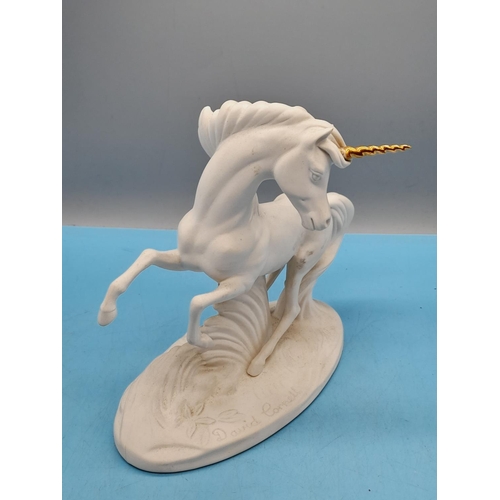 620 - David Cornell Porcelain The Spirit of Romance Unicorn Figure. A/F Horn Re glued.  19cm High x 20cm.