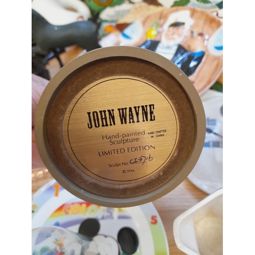 621 - Box of Mixed Items to include Limited Edition John Wayne Figure, Clocks, Davenport Pottery Embossed ... 