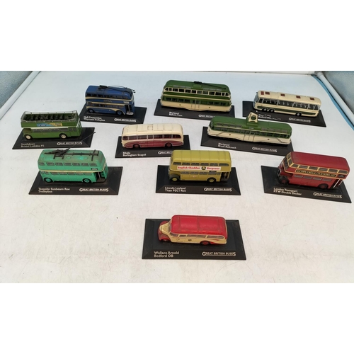 626 - Collection of 'Great British Buses' on Plinths (10) to include Blackpool Brush Railcoach and Balloon... 