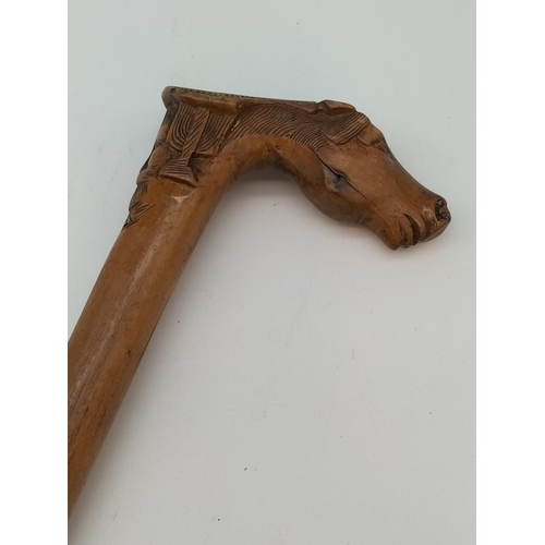 386 - Antique (Kepkvpa) Corfu Hand Carved Horse's Head and Man's Face Walking Stick. 91cm Long.