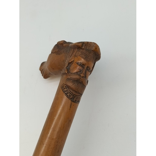 386 - Antique (Kepkvpa) Corfu Hand Carved Horse's Head and Man's Face Walking Stick. 91cm Long.