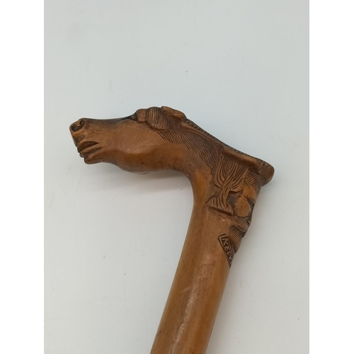 386 - Antique (Kepkvpa) Corfu Hand Carved Horse's Head and Man's Face Walking Stick. 91cm Long.