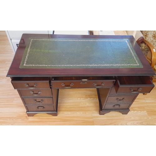 112 - Mahogany Green Leather Topped Pedestal Desk. 76cm High, 122cm x 61cm. Collection Only.