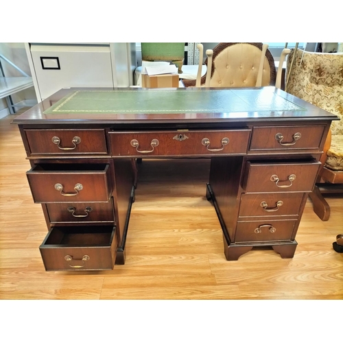 112 - Mahogany Green Leather Topped Pedestal Desk. 76cm High, 122cm x 61cm. Collection Only.