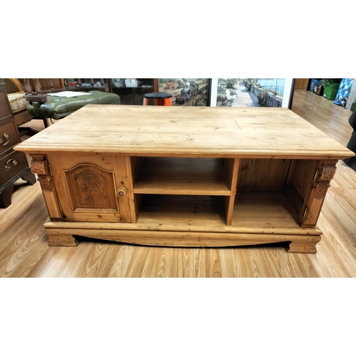 115 - Large Rustic Pine Coffee Table. Damage to One Cupboard Door. 120cm x 80cm x 45cm. Collection Only.