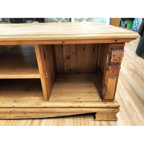 115 - Large Rustic Pine Coffee Table. Damage to One Cupboard Door. 120cm x 80cm x 45cm. Collection Only.