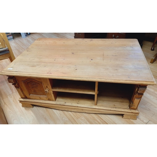 115 - Large Rustic Pine Coffee Table. Damage to One Cupboard Door. 120cm x 80cm x 45cm. Collection Only.