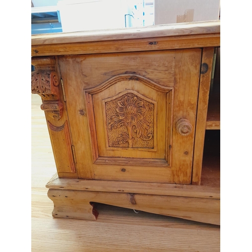 115 - Large Rustic Pine Coffee Table. Damage to One Cupboard Door. 120cm x 80cm x 45cm. Collection Only.