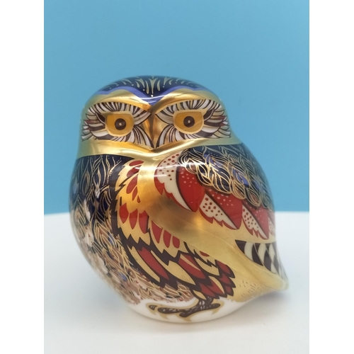 138 - Boxed Royal Crown Derby 'Little Owl' Paperweight with Blue, Red and Gold Feathers. Gold Stopper. Red... 