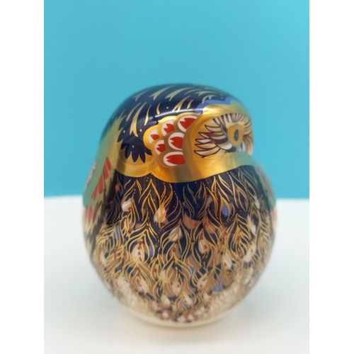 138 - Boxed Royal Crown Derby 'Little Owl' Paperweight with Blue, Red and Gold Feathers. Gold Stopper. Red... 