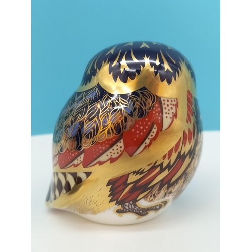 138 - Boxed Royal Crown Derby 'Little Owl' Paperweight with Blue, Red and Gold Feathers. Gold Stopper. Red... 