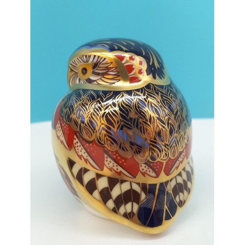 138 - Boxed Royal Crown Derby 'Little Owl' Paperweight with Blue, Red and Gold Feathers. Gold Stopper. Red... 