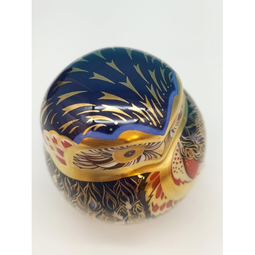 138 - Boxed Royal Crown Derby 'Little Owl' Paperweight with Blue, Red and Gold Feathers. Gold Stopper. Red... 