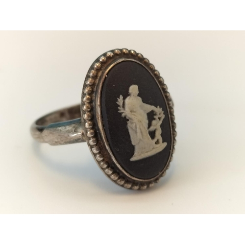 146 - Wedgwood Black Jasper and Silver Ring. Size O.