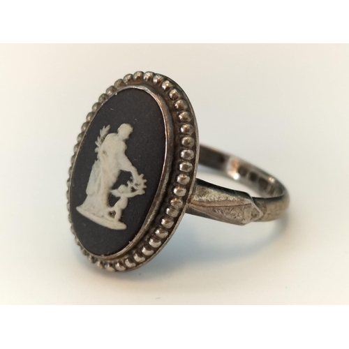 146 - Wedgwood Black Jasper and Silver Ring. Size O.