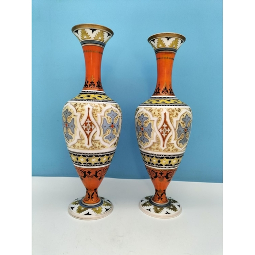 148 - Pair of Late 19th Century Bohemia Milk Glass Hand Painted Footed Vases. 35cm Tall. Base to 1 Slight ... 