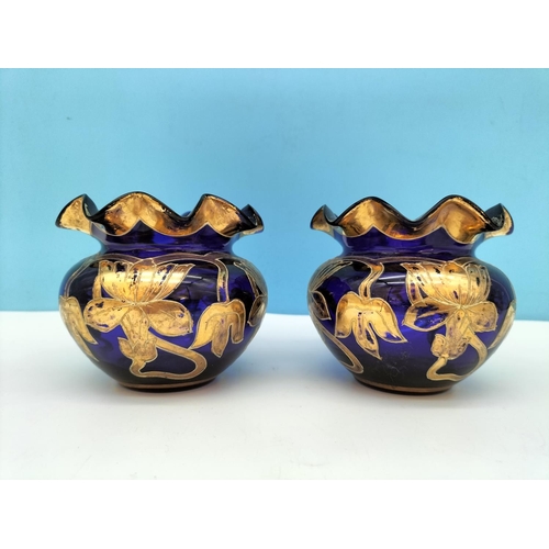 150 - Pair of Late 19th Century Cobalt Blue Bohemia Glass 9cm Gilded Vases. Wear to Gild.