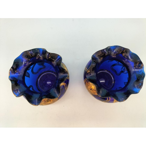 150 - Pair of Late 19th Century Cobalt Blue Bohemia Glass 9cm Gilded Vases. Wear to Gild.