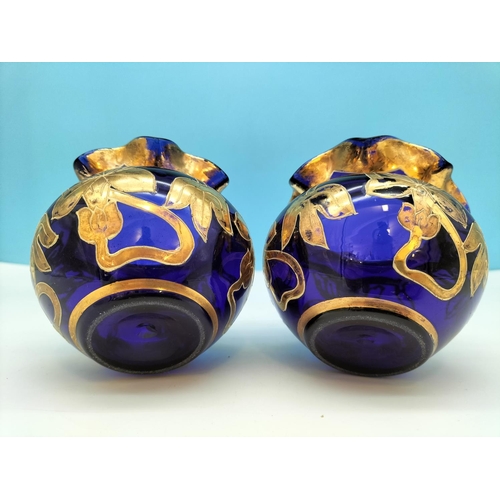 150 - Pair of Late 19th Century Cobalt Blue Bohemia Glass 9cm Gilded Vases. Wear to Gild.