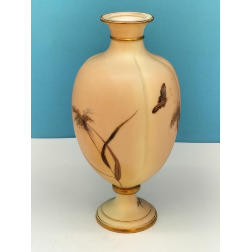 16 - Grainger Worcester Blush Ivory 23cm Footed Vase Decorated with Butterflies. Date Mark 1897.