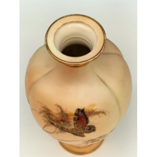 16 - Grainger Worcester Blush Ivory 23cm Footed Vase Decorated with Butterflies. Date Mark 1897.