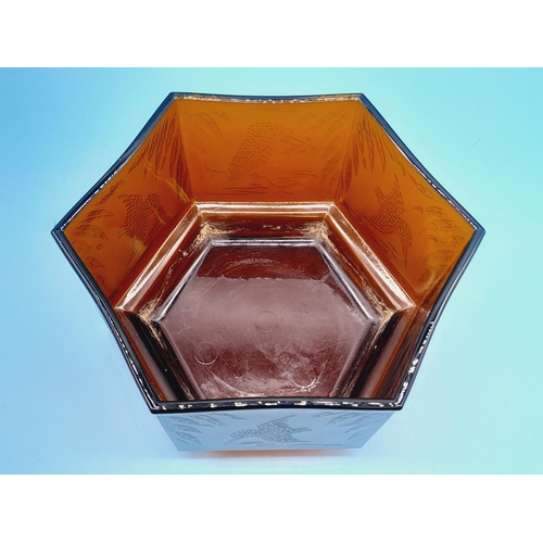 169 - Art Deco Style Sherdley Amber Glass Hexagonal Bowl with Kingfisher Design. 12cm High, 21cm Diameter.