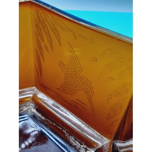 169 - Art Deco Style Sherdley Amber Glass Hexagonal Bowl with Kingfisher Design. 12cm High, 21cm Diameter.