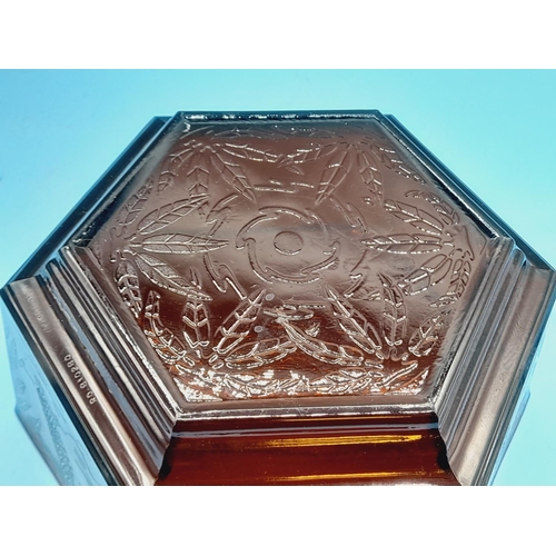 169 - Art Deco Style Sherdley Amber Glass Hexagonal Bowl with Kingfisher Design. 12cm High, 21cm Diameter.