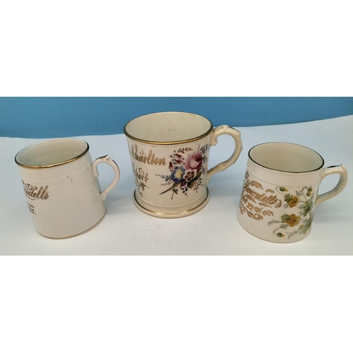 170 - Hand Painted Victorian Marriage Cup 'John and Elizabeth Charlton, 1847 plus 2 x Christening Mugs Pet... 