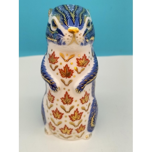 187 - Royal Crown Derby 'Chipmunk' Paperweight with Gold Stopper. Red Royal Crown Derby Stamp on Base.