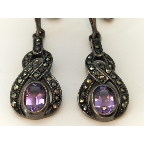 201 - Pair of 925 Silver, Amethyst and Marcasite Drop Earrings.